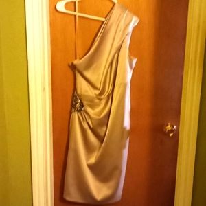 12 A beige Eliza J satin one shoulder dress